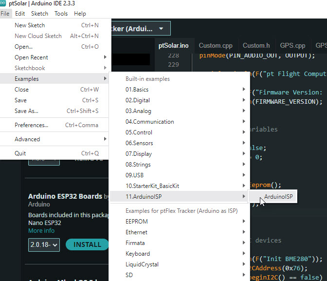 Selecting the ArduinoISP firmware from File ->Examples -> ArduinoISP ->ArduinoISP